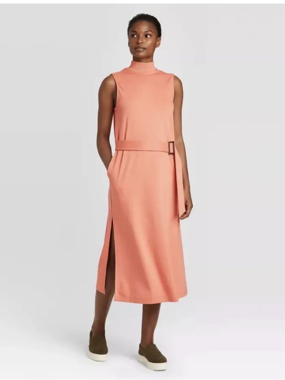 Prologue Women’s Coral Sleeveless Mock Neck Belted Midi Dress